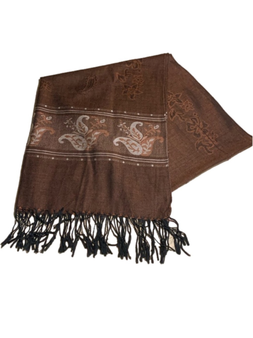 Large brown shawl scarf pashmina with paisley floral pattern
